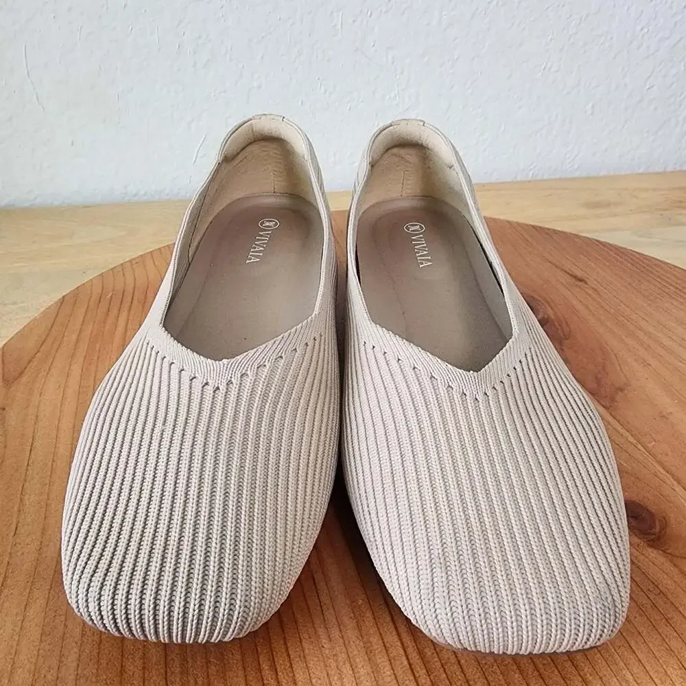 VIVAIA Shoes Womens Size 8 Beige Knit Ballet Flats Square Toe Slip On EU 39